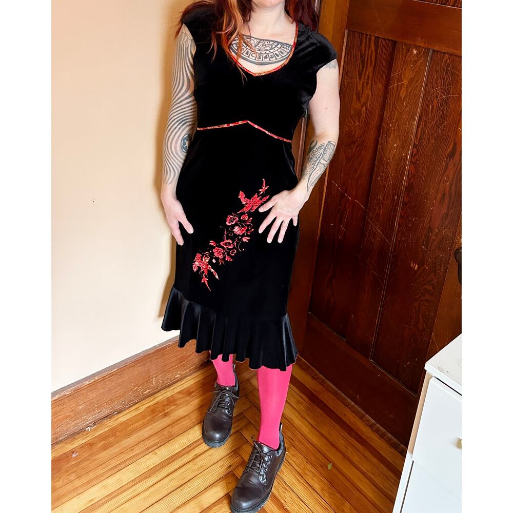 90s Black Velour Dress by Sangria | Asymmetrical Hem